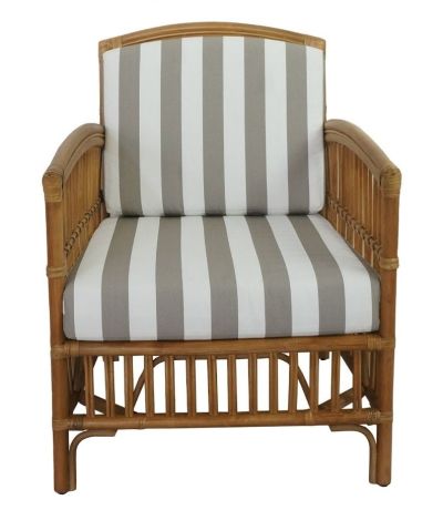 SHIPTON HAMPTONS RATTAN ARMCHAIR IN TOBACCO/TAUPE CUSHION WITH AN ADDITIONAL OUTDOOR CUSHION COVER IN BROWN & WHITE STRIPE