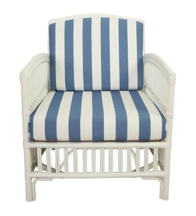 SHIPTON HAMPTONS RATTAN ARMCHAIR IN WHITE/NAVY CUSHION WITH AN ADDITIONAL OUTDOOR CUSHION COVER IN BLUE & WHITE STRIPE