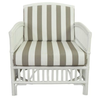 SHIPTON HAMPTONS RATTAN ARMCHAIR IN WHITE/NAVY CUSHION WITH AN ADDITIONAL OUTDOOR CUSHION COVER IN BROWN & WHITE STRIPE