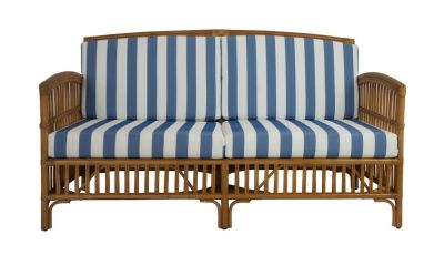 SHIPTON HAMPTONS RATTAN SOFA SETTEE COUCH IN TOBACCO/TAUPE CUSHION 2.5 SEATER WITH AN ADDITONAL OUTDOORS CUSHION COVER IN BLUE & WHITE STRIPE