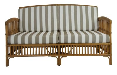 SHIPTON HAMPTONS RATTAN SOFA SETTEE COUCH IN TOBACCO/TAUPE CUSHION 2.5 SEATER WITH AN ADDITONAL OUTDOORS CUSHION COVER IN BROWN & WHITE STRIPE