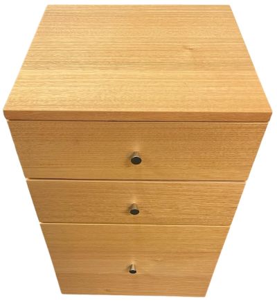 TELMA TASSIE OAK SMALL FILING CABINET IN CLEAR LACQUER ON WHEELS - FLOOR STOCK CLEARANCE