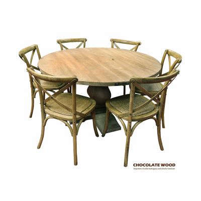 ASTI PEDESTAL STYLE LEG MANGO WOOD ROUND DINING TABLE 135CM + 6 MELROSE CROSS BACK DINING CHAIRS IN NATURAL - PACKAGE DEAL