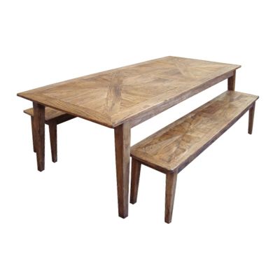 LENNON RUSTIC PROVINCIAL RECYCLED ELM PARQUETRY 3 PIECE BENCH DINING SET 220 CM