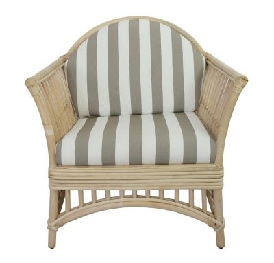 DENIZE HAMPTONS RATTAN ARMCHAIR IN NATURAL WITH A WHITE CUSHION AND AN ADDITIONAL OUTDOORS COVER IN BROWN & WHITE STRIPES