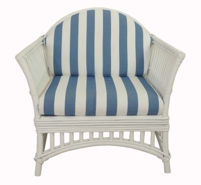 DENIZE HAMPTONS RATTAN ARMCHAIR IN WHITE WITH A NAVY CUSHION AND AN ADDITIONAL OUTDOORS COVER IN BLUE & WHITE STRIPES