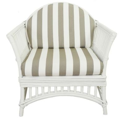 DENIZE HAMPTONS RATTAN ARMCHAIR IN WHITE WITH A NAVY CUSHION AND AN ADDITIONAL OUTDOORS COVER IN BROWN & WHITE STRIPES