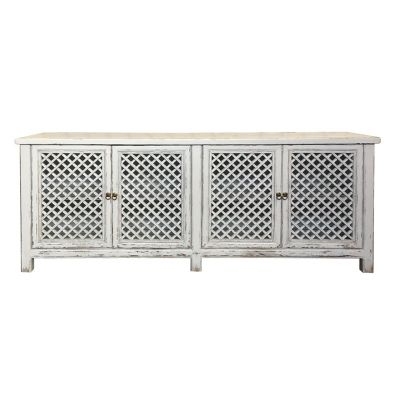 RAFAEL RECYCLED ELM BUFFET IN WHITE WITH A RUBBED BACK FINISH & 4 LATTICE DOORS