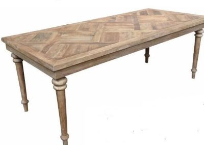 MORO RUSTIC RECYCLED ELM PARQUETRY TOP DINING TABLE ORNATE TURN LEG 150CMS