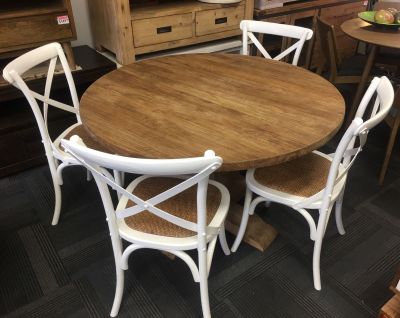 RHIANNON ROUND DINING TABLE IN RECYCLED ELM 120CM DIAMETER + 4 MELROSE DINING CHAIRS IN WHITE