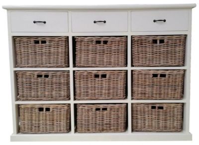 NICE SOLID MAHOGANY JUMBO SIZE DRESSER WITH 9 WICKER BASKETS & 3 TIMBER DRAWERS