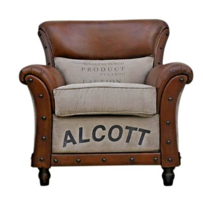 ALCOTT LARGE VINTAGE ARMCHAIR LOUNGE CHAIR SOFA REAL LEATHER RECYCLED CANVAS