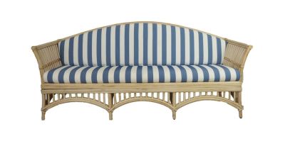 DENIZE HAMPTONS RATTAN SOFA IN  NATURAL/ WHITE CUSHION 2.5 SEATER WITH AN ADDITIONAL OUTDOOR CUSHION COVER IN BLUE & WHITE STRIPE