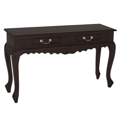 GABRIELLE QUEEN ANN CARVED SOLID MAHOGANY 2 DRAWERS 120CM CONSOLE TABLE IN CHOCOLATE