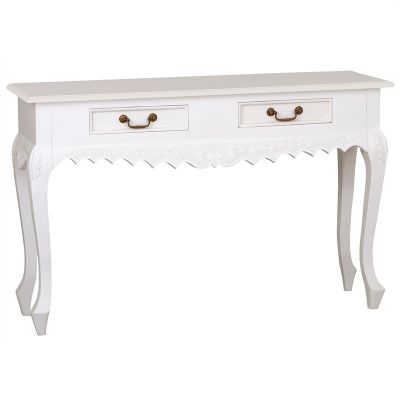 GABRIELLE QUEEN ANN CARVED SOLID MAHOGANY 2 DRAWERS 120CM CONSOLE TABLE IN SOLID WHITE
