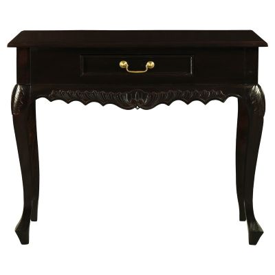 GABRIELLE QUEEN ANN CARVED SOLID MAHOGANY 1 DRAW 90CM CONSOLE TABLE IN CHOCOLATE