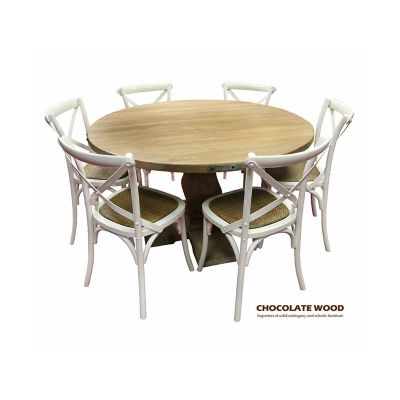 ASTI PEDESTAL STYLE LEG MANGO WOOD ROUND DINING TABLE 135CM + 6  MELROSE CROSS BACK DINING CHAIRS IN WHITE - PACKAGE DEAL