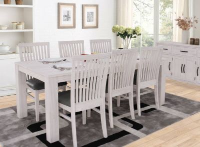 MANLY 190CM DINING TABLE + 6 MANLY DINING CHAIRS IN BRUSHED WHITEWASH PACKAGE DEAL 
