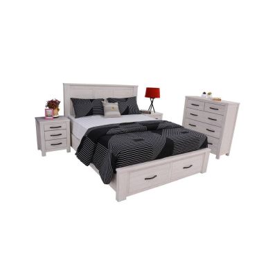 MANLY QUEEN SIZE BED + TALLBOY + 2 BEDSIDE TABLES PACKAGE DEAL