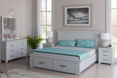 MANLY QUEEN SIZE BED + DRESSER + MIRROR + 2 BEDSIDE TABLES PACKAGE DEAL