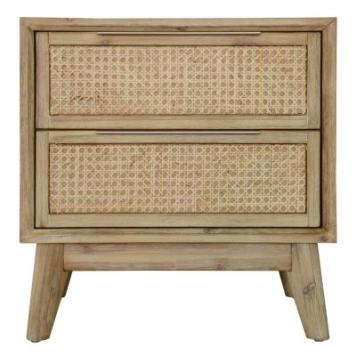 MOLLET SOLID ACACIA TIMBER/RATTAN 2 DRAWER BEDSIDE TABLE BRUSHED SMOKE