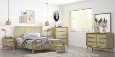 MOLLET SOLID ACACIA TIMBER/RATTAN 4 PIECE KING SIZE BEDROOM SUITE WITH TALLBOY BRUSHED SMOKE