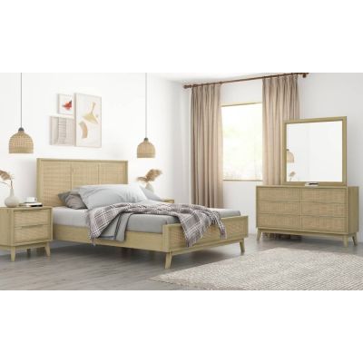 MOLLET SOLID ACACIA TIMBER/RATTAN 5 PIECE QUEEN SIZE BEDROOM SUITE WITH DRESSER & MIRROR BRUSHED SMOKE