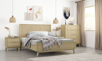 MOLLET SOLID ACACIA TIMBER/RATTAN 4 PIECE QUEEN SIZE BEDROOM SUITE WITH TALLBOY BRUSHED SMOKE
