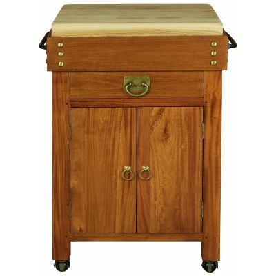 RICARDO SOLID MAHOGANY TIMBER SMALL BUTCHER BLOCK KITCHEN ISLAND WITH CASTORS IN LIGHT PECAN