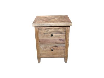 MORO RUSTIC RECYCLED PARQUETRY TOP 2 DRAWER BEDSIDE TABLE ORNATE TURN LEG 50CM