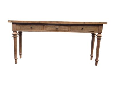 MORO RUSTIC RECYCLED ELM 3 DRAWERS PARQUETRY TOP CONSOLE/HALL TABLE ORNATE TURN LEG 180CM